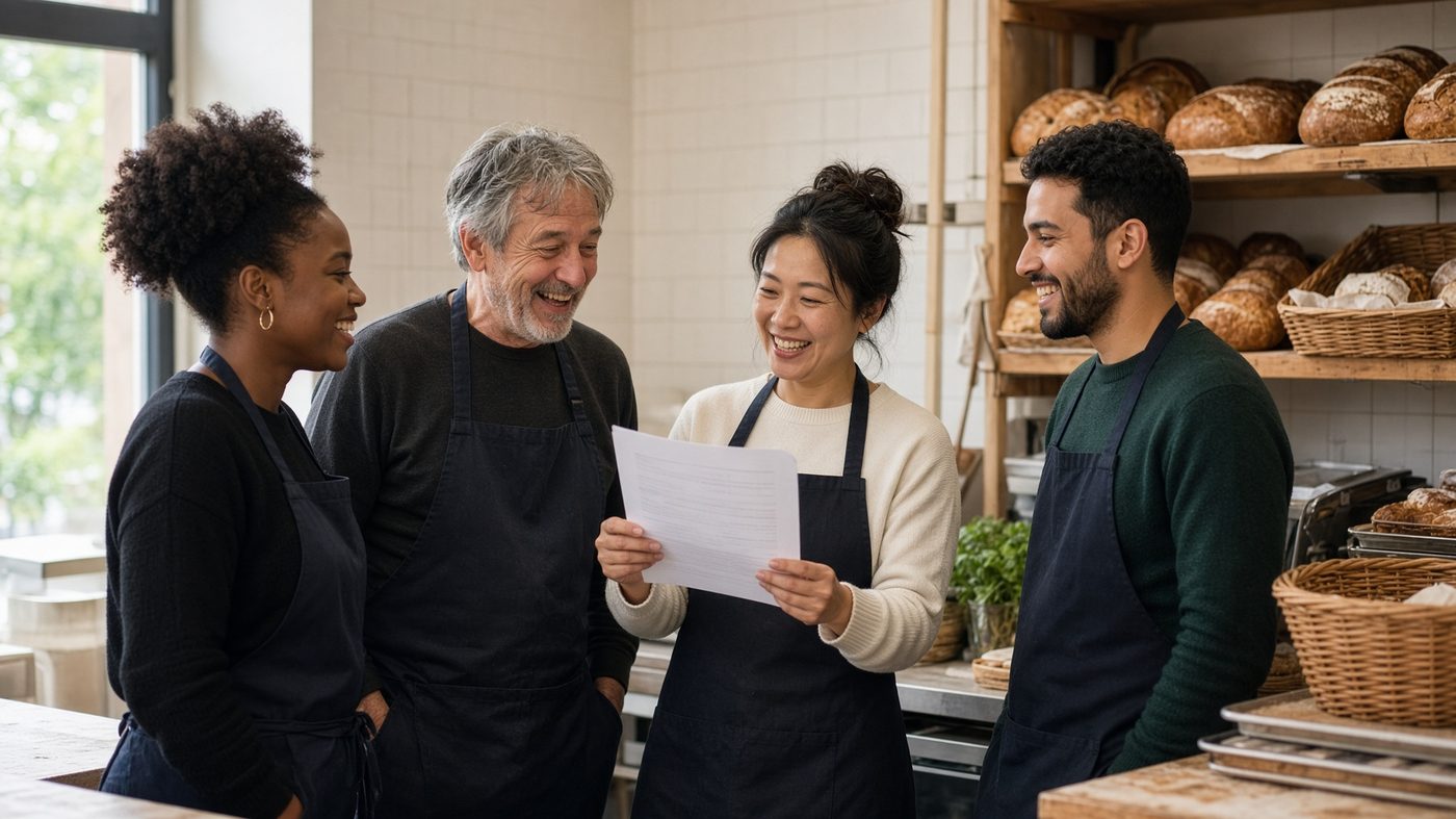 Kleines Filialteam bespricht den Wochenplan
